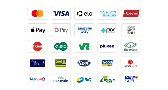 Bandeiras aceitas: Mastercard, Visa, Elo, Amex, Hipercard, Alelo, Sodexo, Ticket, VR e outras